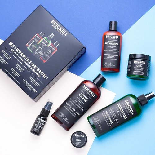 Brickell Men's Morning Face Care Routine - Natural & Organic Gel Wash, Toner, Scrub, Eye Cream, Serum & Moisturizer