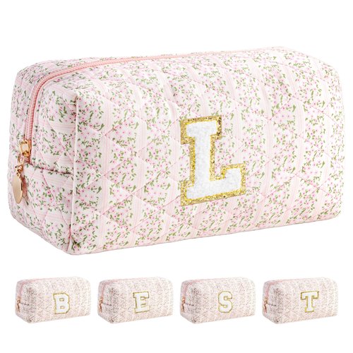 HBselect Initial Makeup Bag for Women, Pink Cosmetic Travel Toiletry Bag, Flowers Zipper Make Up Pouch Organizer Teen Girl Gifts Trendy Stuff L