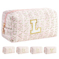 HBselect Initial Makeup Bag for Women, Pink Cosmetic Travel Toiletry Bag, Flowers Zipper Make Up Pouch Organizer Teen Girl Gifts Trendy Stuff L