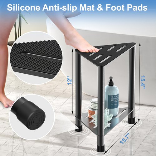 LarFaFa Stainless Steel Large Shower Stool for Inside Shower, 15.4'' H Shower Foot Rest, Corner Shower Stool with Storage Shelf, Shower Step for Shaving Legs, Bathroom Corner Shower Bench, Black