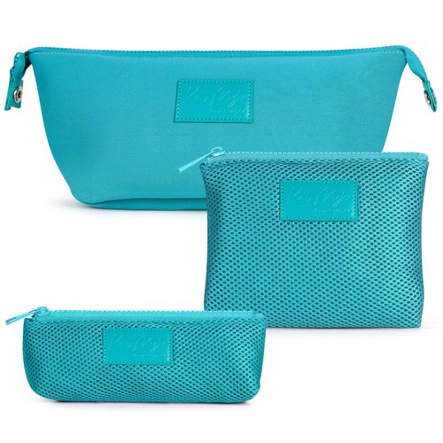 Kat Myhr Neoprene Washable Travel Makeup & Cosmetic Bag Set, 2 Air Mesh Pouches,100% Neoprene Toiletry Bag, Large Water Resistant Travel Bag for Toiletries, Makeup Cosmetic Travel Bag (Turquoise)