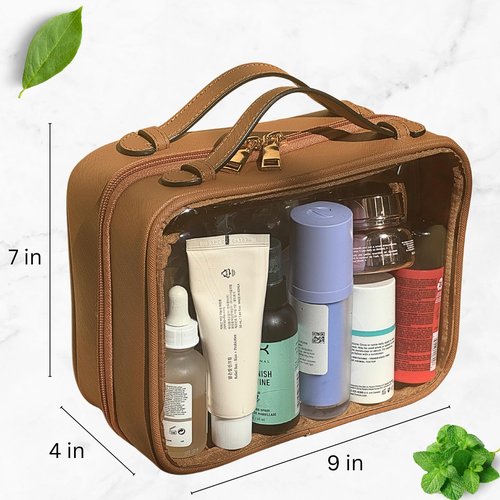 JAZD Clear Makeup Bag Toiletry Bag for Women Cosmetic Case Large Capacity Travel Make Up Bag Organizer Transparent Storage Compartment TSA Approved (BROWN)