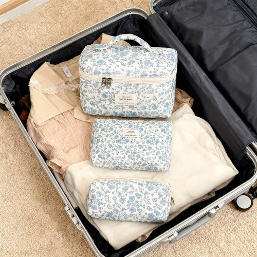 PGAXM 3PCS Makeup Bag,Quilted Cosmetic Bag,Large Floral Makeup Bag for Women,Cute Cotton Cosmetic Bag Set,Travel Toiletry Bag For Women(White blue)