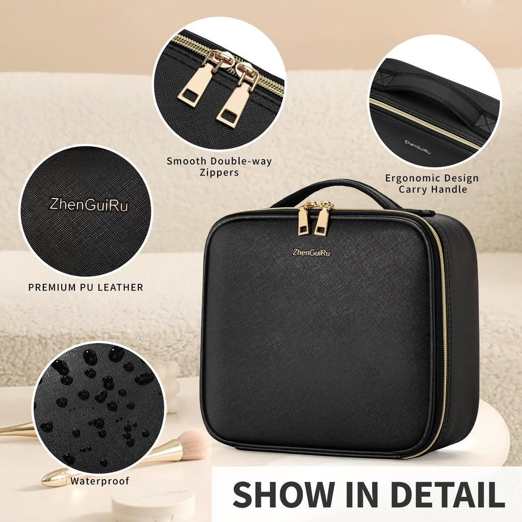 ZhenGuiRu Travel Makeup Bag, Makeup Train Case, Portable Makeup Artist Organizer with Adjustable Dividers, Cosmetic Brush Holder Storeage
