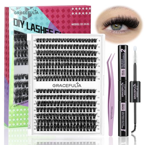 GRACEFULIA Fluffy Lash Clusters Kit 60D+80D, DIY Lash Extension Kit with 280PCS 10-18mm Thick Individual Lashes, Bond & Seal, Tweezers for Eyelash Extensions at Home