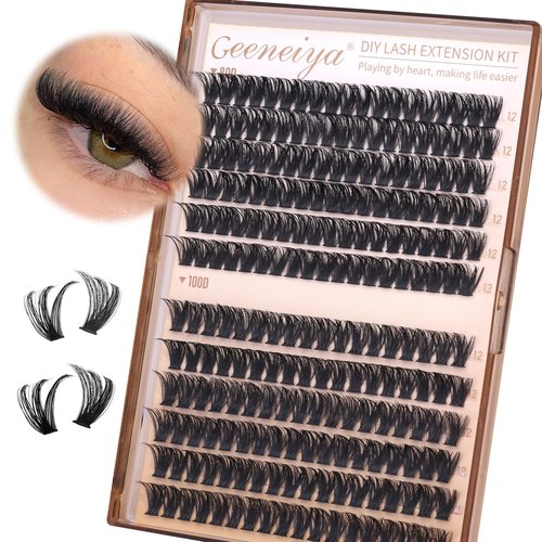 Geeneiya 12MM Volume Lash Clusters D Curl Cluster Eyelash Extensions Thick Cluster Lashes Only 12MM 80D+100D DIY Lash Extension Waterproof