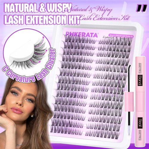 PHKERATA Wispy Lash Extension Kit Natural Lash Clusters Kit DIY Eyelash Extensions Kit 252 pcs Individual Lashes Clusters Wispy Eyelash Clusters with Lash Bond and Seal at Home Cat Eye Cluster