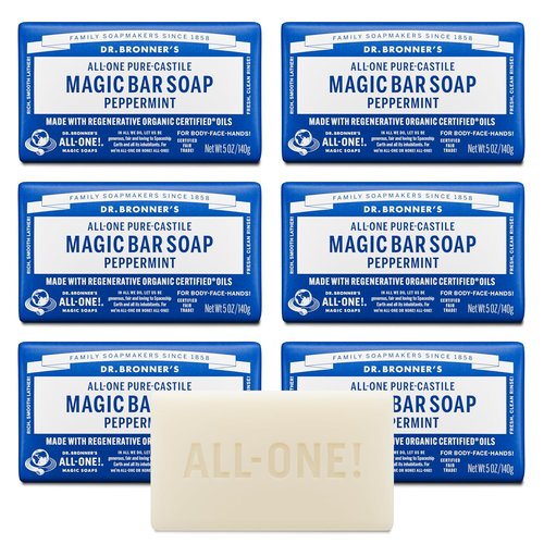 Dr. Bronner's Pure-Castile Soap Bars - Peppermint Scent, 5 oz, 6-Pack | Gentle Vegan Formula for Face, Body & Hair