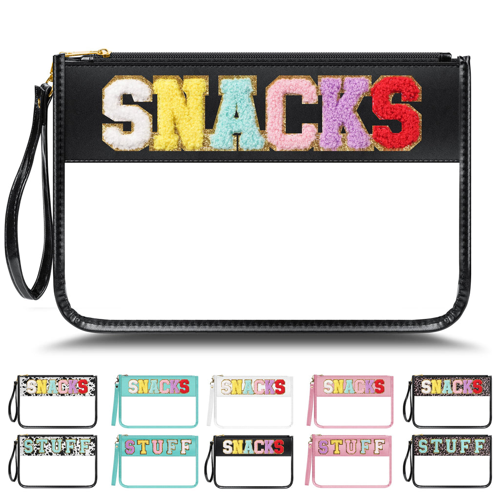 YEMEDA Chenille Letter Clear Zipper Pouch for Travel, Nylon Makeup Letter Bag, PVC Waterproof Cosmetic Bag, Snack Bags for Women Girls, Clear Stuff Bags For Travel(Black-Snacks)