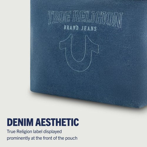 True Religion Women's Makeup Bag, Small Travel Cosmetic Zipper Pouch Organizer, Gold Hardware, Denim