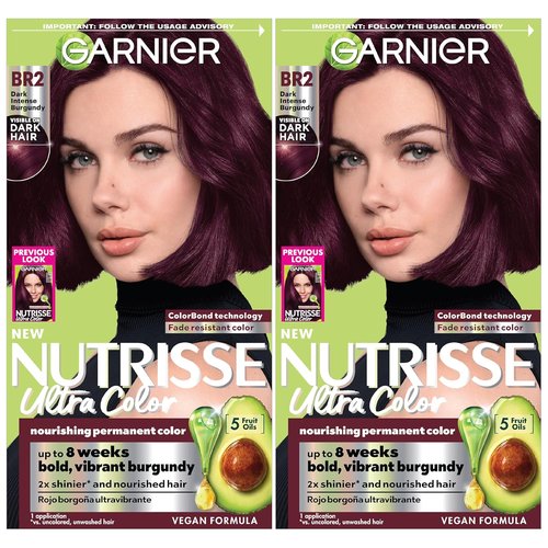 Garnier Nutrisse Ultra Color Hair Dye - Bold, Fade-Resistant Results | Vegan & Cruelty-Free, BR2 Dark Intense Burgundy (2 Count)