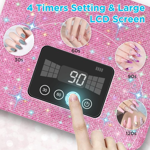 Cordless UV Nail Lamp, Rechargeable UV Light for Gel Nails, LED Nail Lamp with 4 Timer Modes, Gel Nail UV Light Decorate with Sparkling Nail Rhinestones, Nail UV Light Fits for Salon/Home