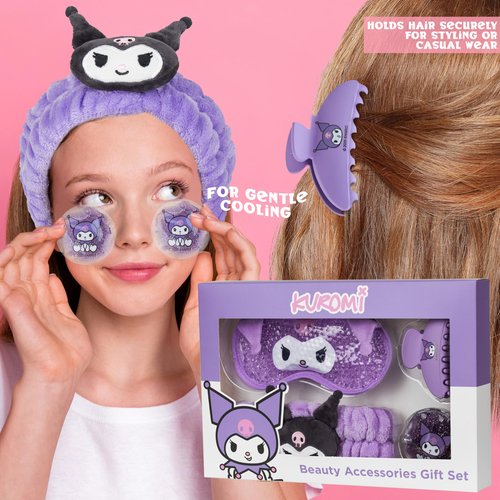 Hello Kitty Sanrio Kuromi Beauty Set for Women, Teens with Cooling Gel Eye Mask, Plush Skincare Headband, Claw Clip, Eye Pads, Kawaii Gifts for Women (Purple Kuromi)