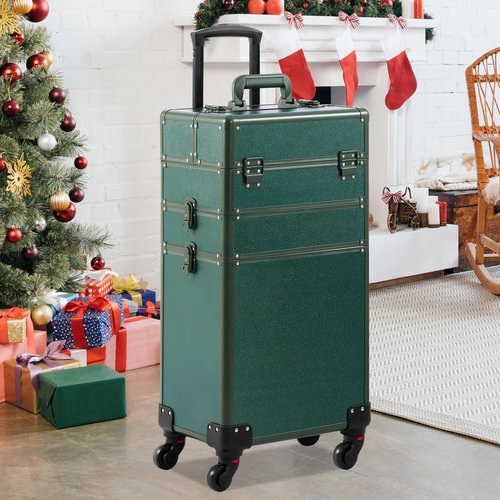 Somduy Makeup Train Case, Rolling Makeup Case, 3 in 1 Cosmetology Case on Wheels, Christmas Gift, Large Makeup Case Organizers, Profesional Cosmetic Case for Salon Barber, Green