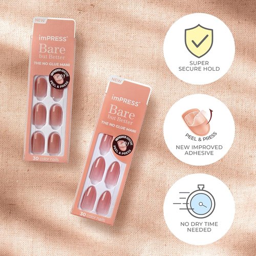 KISS imPRESS Press-On Nails - No Glue, 'Instinct' Pink, Short Squoval Shape, 30 Nails & Accessories Included