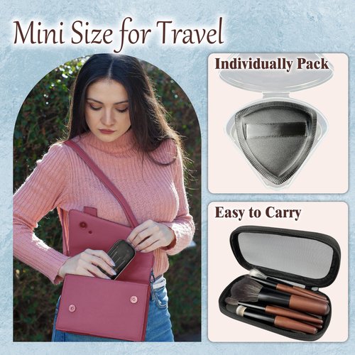 Travel Makeup Brush Set with Case, Mini Makeup Brushes Set for Powder, Foundation, Eyeshadow, Lip, Highlight, Blush & Concealer, 10 Pcs Travel Size Makeup Brushes & 2Pcs Triangle Powder Puff