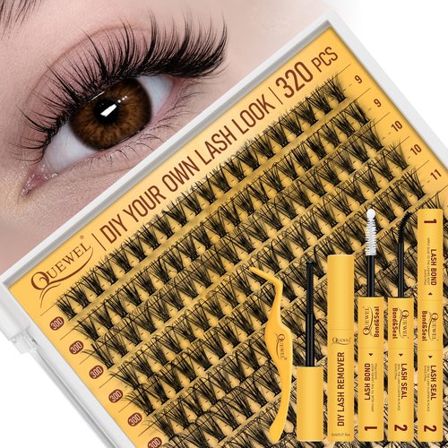 QUEWEL Lash Clusters 320Pcs Cluster Lashes 50D D Curl Lash Cluster Eyelash Extensions Mix9-16mm Individual Eyelashes Clusters Wispy Lash Clusters Thin Band Soft to Use at Home(50D D Mix9-16)