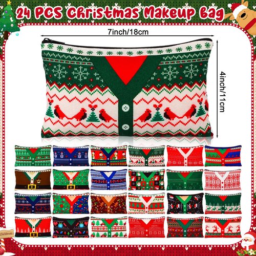 SilTriangle 24 Pcs Christmas Makeup Bags Bulk Cosmetic Bags 7 x 4.33 Inches Zipper Portable Pouch Purses Gifts for Women Holiday Travel Xmas Party Supply(Ugly Sweater)