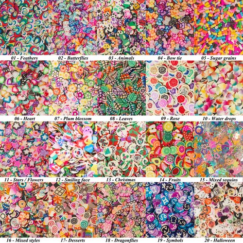 20000 pcs (20 Styles) Clay Slices Charms, VEINARDYL Nail Art Slices Fruit Heart Flower 3D Polymer Clay for DIY Crafts Resin Slime Making Cellphone Decoration