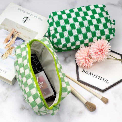 PAZIMIIK Checkered Makeup Bag - Portable Zipper Cosmetic Pouch for Travel | 6PCS Light Green