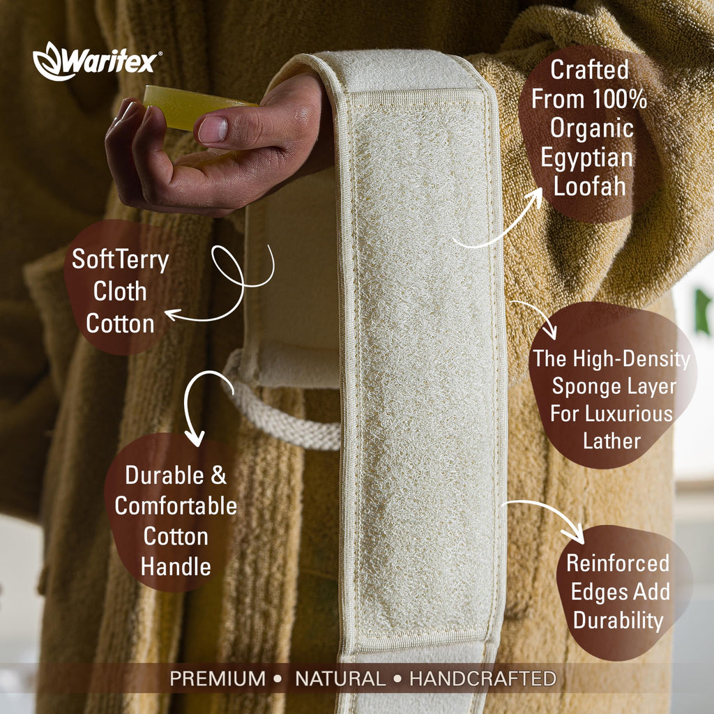 Waritex Natural Egyptian Loofah Back Scrubber for Shower, Extra-Long Exfoliating Strap Made with Natural Egyptian Loofah Fibers, Deep Cleaning Body Sponge for Men and Women – Soft Cotton Handles