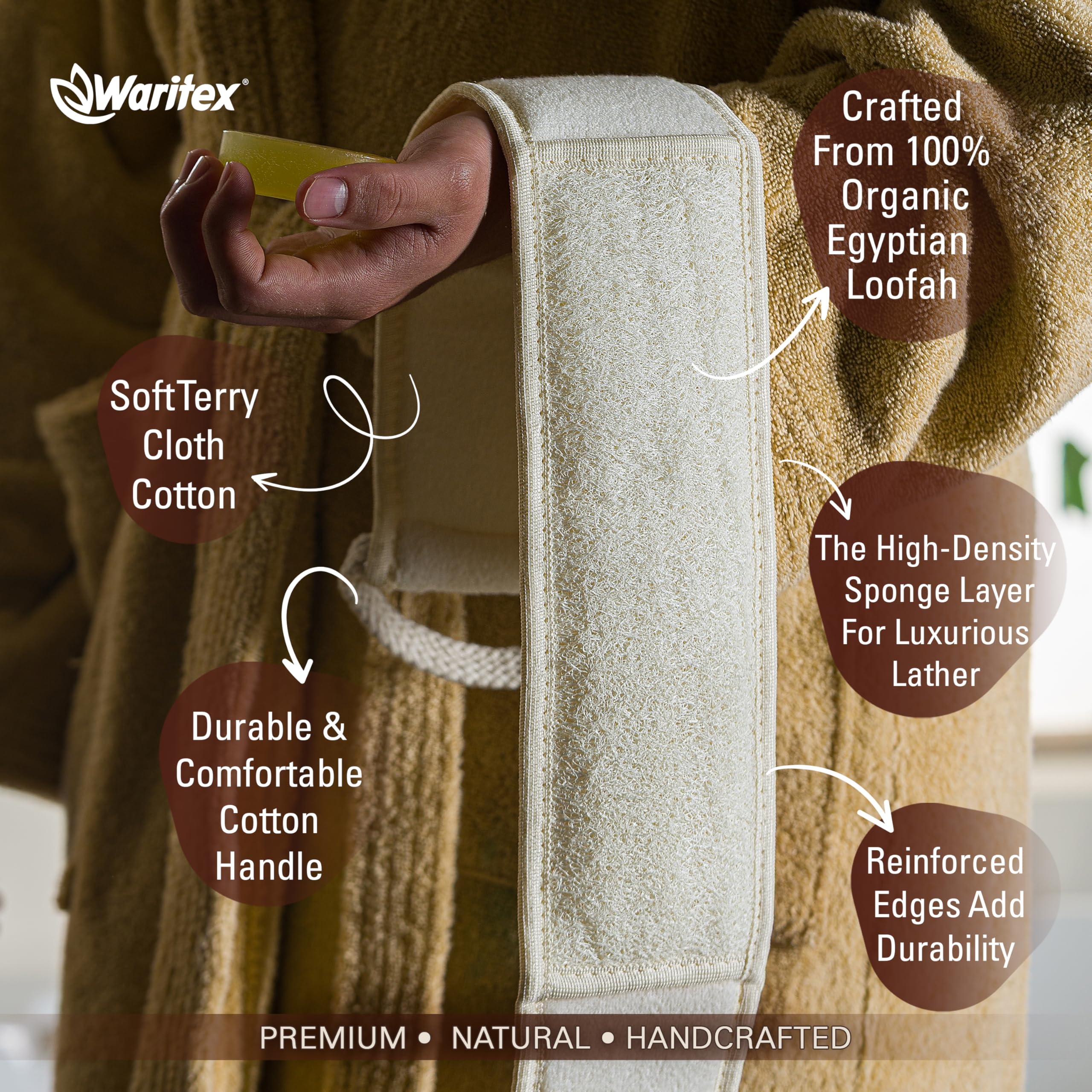 Waritex Natural Egyptian Loofah Back Scrubber for Shower, Extra-Long Exfoliating Strap Made with Natural Egyptian Loofah Fibers, Deep Cleaning Body Sponge for Men and Women – Soft Cotton Handles