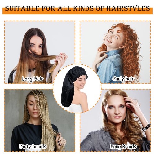 Large Shower Caps for Braids, 2 PCS Waterproof Shower Caps for Women Long Hair, Reusable Large Size Bath Caps Hair Bonnets for Thick Curly Hair, Locs, Twist Braids, Dreadlocks (Black, Grey)