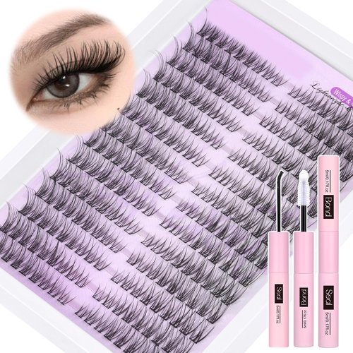 PHKERATA Wispy Lash Extension Kit Natural Lash Clusters Kit DIY Eyelash Extensions Kit 252 pcs Individual Lashes Clusters Wispy Eyelash Clusters with Lash Bond and Seal at Home Cat Eye Cluster