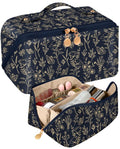 Bistup Makeup Bag Travel Cosmetic Bag Toiletry Make Up Bags Cute Women Large Capacity Big Medium Leather Black and Gold Floral Aesthetic Girl Teen Teenage Foldable Expandable Open Flat Zip