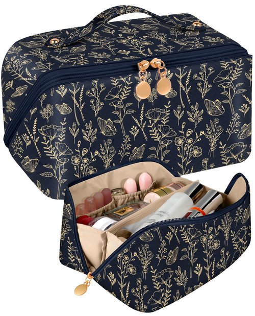 Bistup Makeup Bag Travel Cosmetic Bag Toiletry Make Up Bags Cute Women Large Capacity Big Medium Leather Black and Gold Floral Aesthetic Girl Teen Teenage Foldable Expandable Open Flat Zip