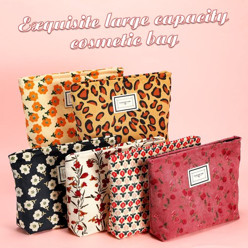 Sanwuta 6 Pcs Makeup Bag for Women Large Cosmetic Pouch Corduroy 10 x 7 Inch Large Capacity Makeup Bags Canvas Cosmetic Bags with Zipper Travel Toiletry Accessories Organizer for Women Girls(Flower)