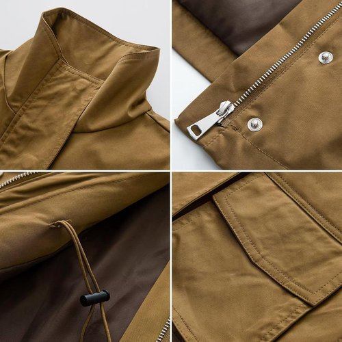 FindThy Women's Utility Jacket - Casual Stand Collar with Drawstring Waist & Multi Pockets | Versatile Outerwear