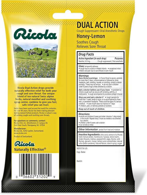 Ricola Honey Lemon Cough Drops - Dual Action Relief | 19 Count Pack