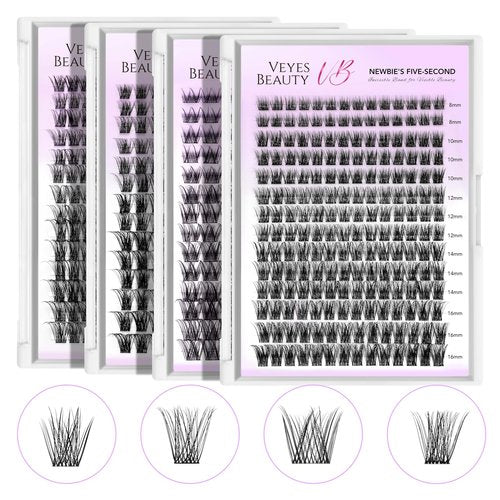 VEYESBEAUTY Lash Clusters Kit Individual Eyelash Extensions Thin & Invisible Band DIY False Eyelashes Newbie's Five-Second Series Wispy Lash Tray, LuxeBold KIT with Bond&Seal Remover Applicator