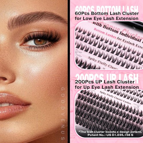 Goddvenus Wispy Lash Clusters Kit Cluster Eyelash Extensions Natural Lash Extension Kit C Curl Fluffy Individual Eyelashes with Bottom Lashes Clusters Waterproof Bond and Seal DIY at Home