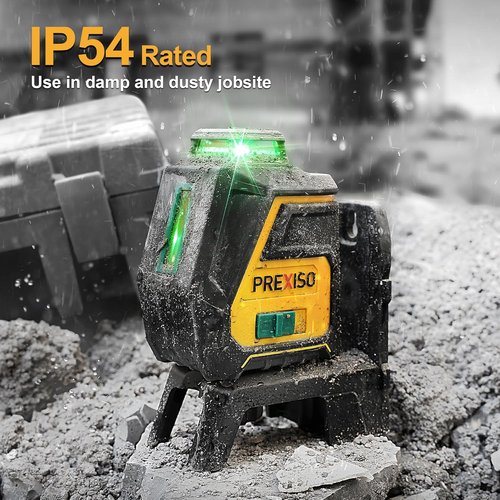 PREXISO 360 Laser Level with Tripod - Rechargeable Green Laser, 100Ft Range, 3 Brightness Settings for Precision Construction