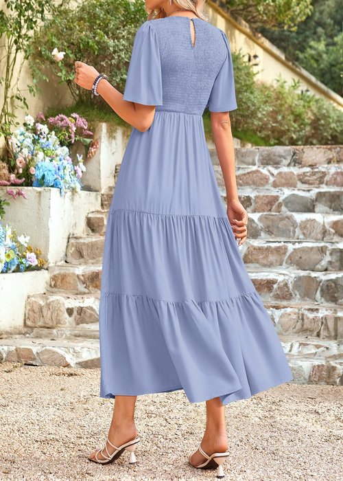 KIRUNDO Casual Summer Dresses for Women 2026 Flutter Short Sleeve Midi Dress Smocked Modest Church A Line Flowy Ruffle Tiered Dress Resort Wear(XX-Large, Light Blue)