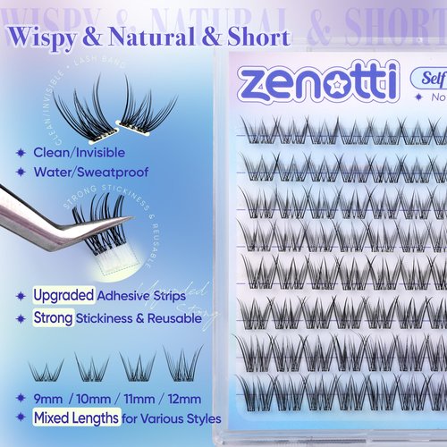 Self Adhesive Eyelashes Natural Self Adhesive Cluster Lashes No Glue Wispy Eyelash Clusters Pre Glued Short 9-12mm Manga Lash Cluster Press on Individual lashes by zenotti