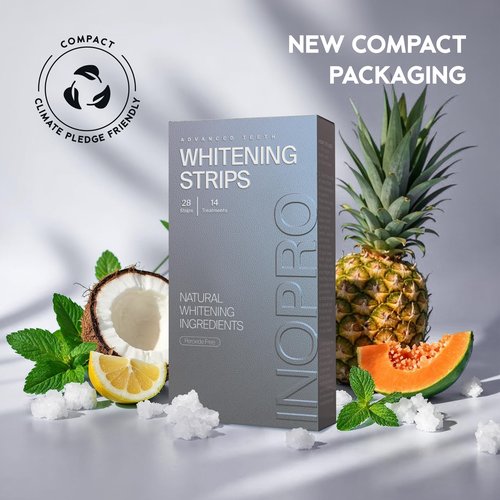 InoPro Natural Teeth Whitening Strips Kit 14 Treatments - Sensitive Teeth Whitener, Peroxide Free with Papain, Bromelain, Coconut Oil, White Strips for Teeth Whitening (28 Strips)