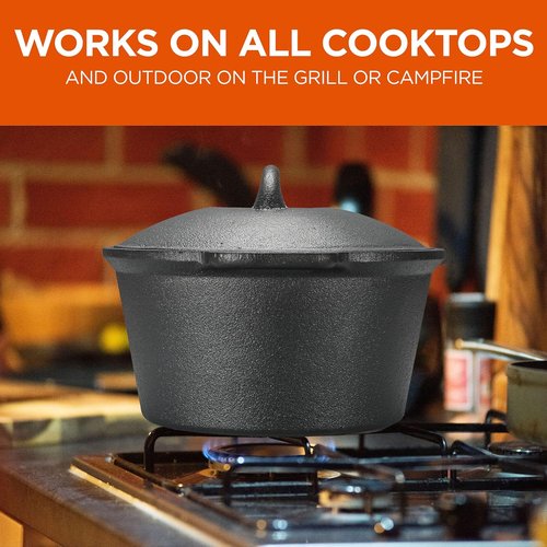 Commercial Chef 2-Qt. Pre-Seasoned Cast Iron Saucepan with Lid - Versatile for All Cooktops & Campfires