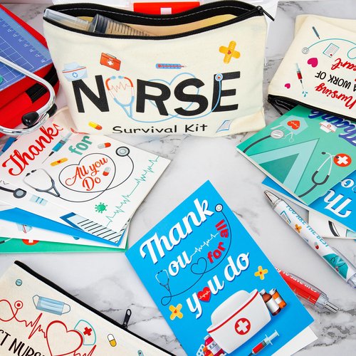 Nurse Bags, 32 PCS Nurse Makeup Bag Thank You Nurse Card, Nursing Day Appreciation Cards Nurse Week Carvas Cosmetic Bag Survival Kit with Zipper Funny Thank You Cards Nurse Supplies