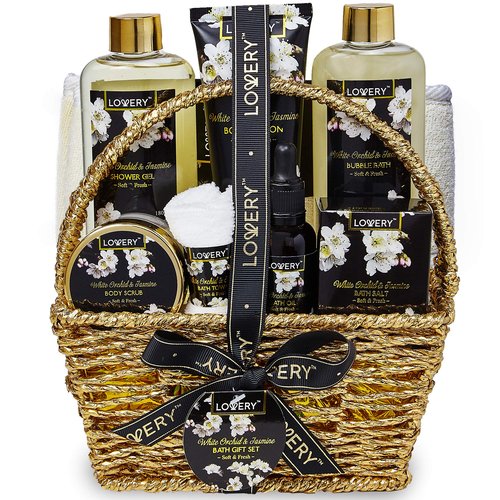Gift Baskets for women Mom Gifts, Bath and Body Spa Set– Orchid & Jasmine Home Spa Set With Body Scrubs, Lotions, Oils, Gels and More - Care Package for Women & Men - 9 Piece Set