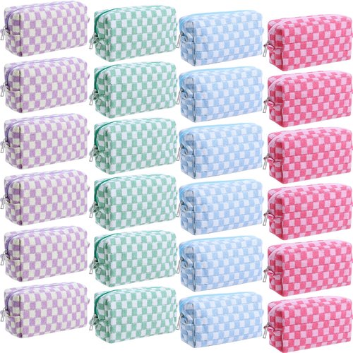 Giesiery 8 Pcs Checkered Makeup Bag Bulk Cosmetic Organizer for Women & Teens Preppy Travel Toiletry Pouch for Skincare & Brushes Bridesmaid Proposal Gifts (24, Pastel Color)