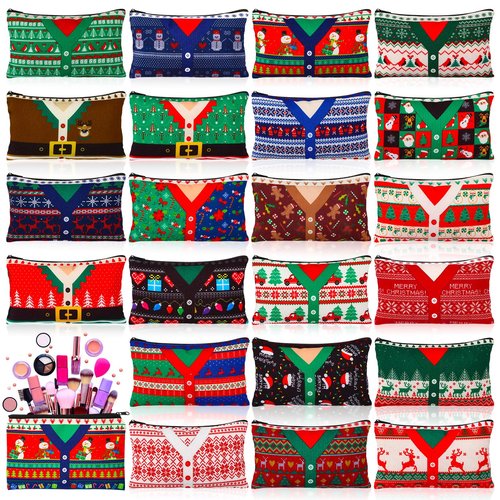 SilTriangle 24 Pcs Christmas Makeup Bags Bulk Cosmetic Bags 7 x 4.33 Inches Zipper Portable Pouch Purses Gifts for Women Holiday Travel Xmas Party Supply(Ugly Sweater)