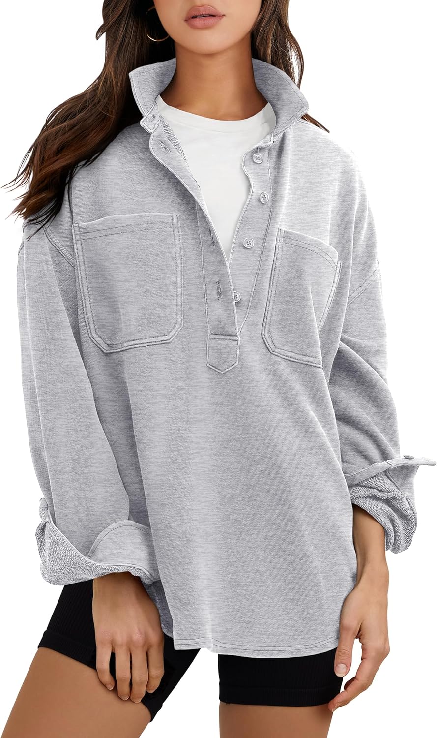 ANRABESS Oversized Sweatshirt for Women - Casual Long Sleeve Tunic with Side Slit & Button Detail | Fall 2025 Fashion