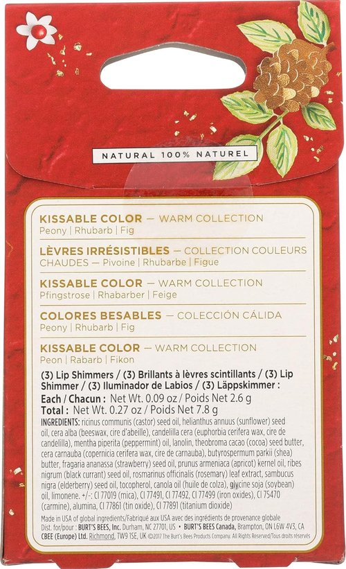 Burt's Bees Kissable Color Holiday Gift Set - 3 Lip Shimmers in Peony, Fig & Rhubarb