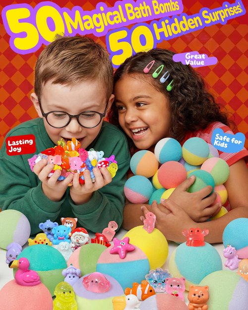 50 Pack Bath Bombs for Kids with Surprise Inside, Some Glow-in-The-Dark Toys, Natural Kid-Safe Handmade Fizzy Bath Balls, Fun Gift Set for Boys & Girls, Great for Christmas or 2025 Advent Calendar