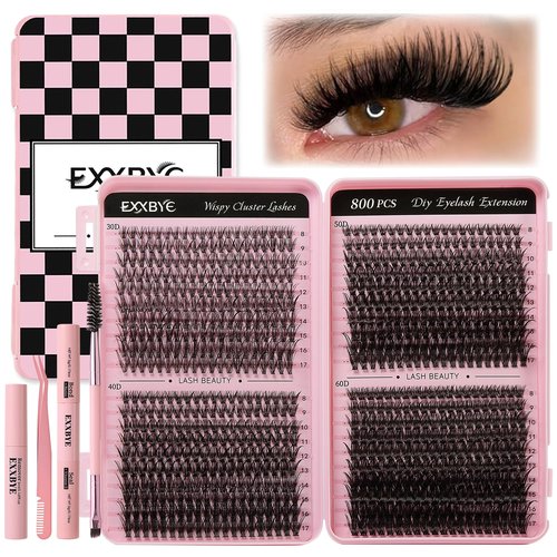 EXXBYE 800pcs Lash Extension Kit 30D 40D 50D 60D Wispy Eyelash Clusters D Curl 8-17mm False Lashes with 4 Lash Tools (Lash Bond and Seal, Lash Tweezers, Lash Remover，Lash Brush)