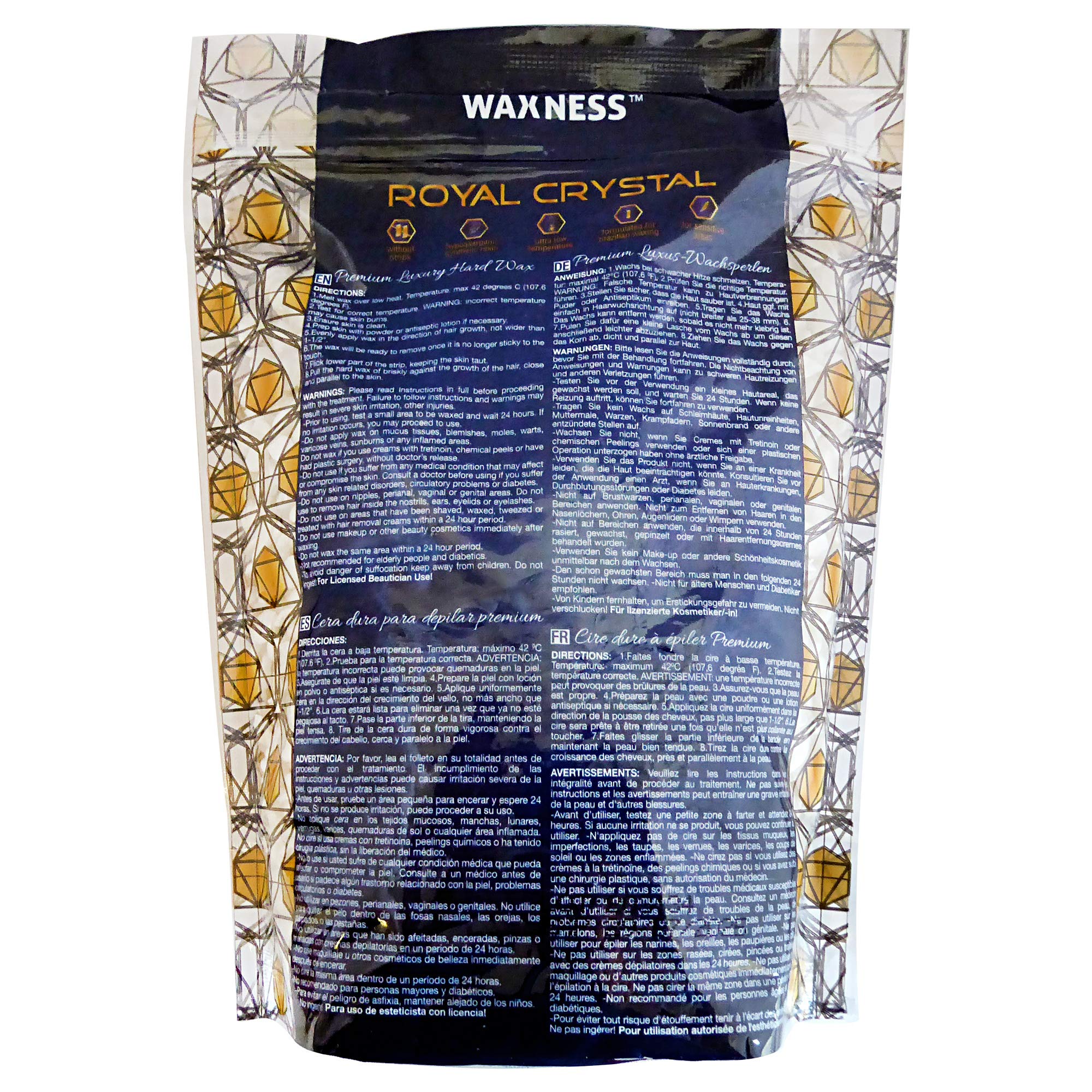 Waxness Royal Crystal Hard Wax Beads 1.65 lb (750 g) – Premium Rosin-Free Stripless Wax with Crystal Formula for Sensitive Areas, Professional Use – Made in Italy