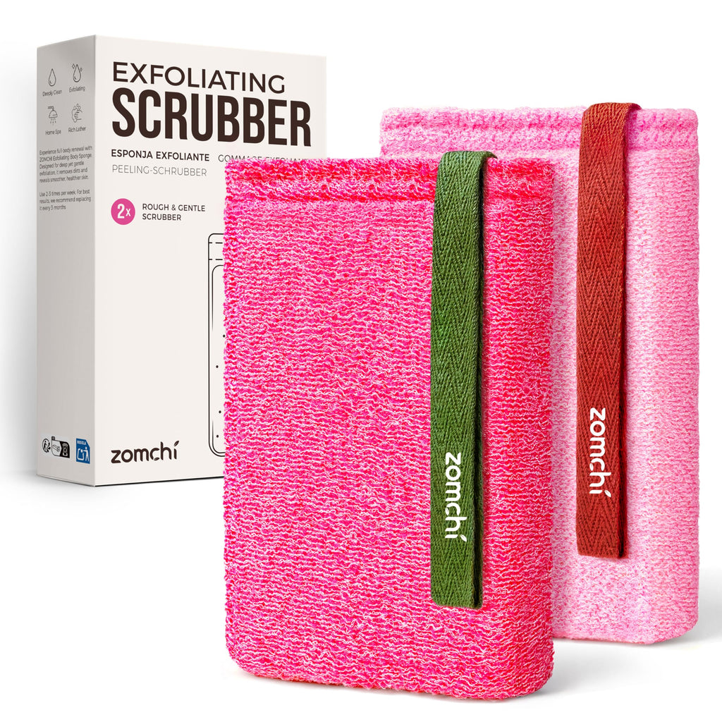 ZOMCHI Body Scrubber, Exfoliating Sponge with Different Levels, Body Exfoliator for Removing Dead Skin, Gentle & Deep Scrub for Women & Men (2-Pack, Pink)
